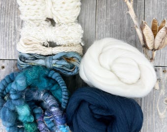 Petite Fiber Pack . Multiple colors fibers and yarns . Creatively curated for smaller weaving projects . "North Sea"
