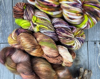 Hand Dyed Merino Yarn Combo . various weights . Colorway Destiny