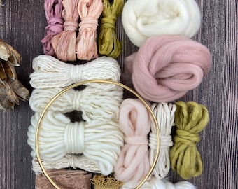 Deluxe Fiber Pack Gift with optional embroidery loop . Multiple fibers and yarns . Creatively curated for smaller weavings . "Peach"
