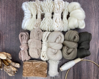 Deluxe Fiber Pack Gift with optional embroidery loop . Multiple fibers and yarns . Creatively curated for smaller weavings . "Beach"