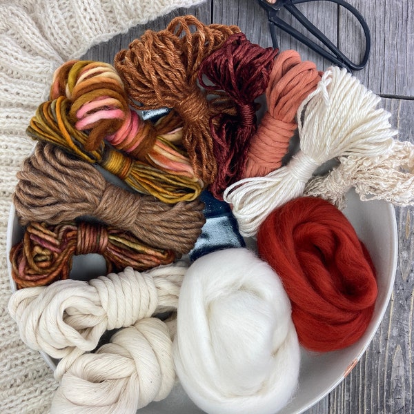 Deluxe Fiber Pack . Multiple colors fibers and yarns . Creatively curated for smaller weaving projects . "Walk in the Woods"