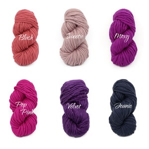 May include: Six skeins of chunky yarn in various colours, including blush, pink, purple, and navy blue. Each skein is labelled with a name: Blush, Sweetie, Moxy, Pop Pink, Velvet, and Jeanie.