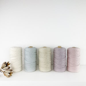 Puede incluir: Cinco carretes de cuerda de algod&oacute;n en diferentes colores: blanco, azul claro, beige, morado claro y rosa. Los carretes est&aacute;n dispuestos en una fila en un estante blanco.