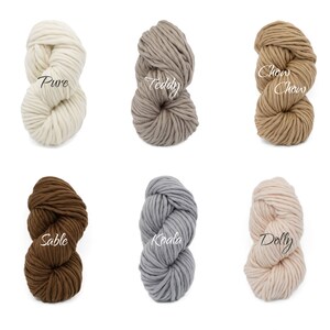 May include: Six skeins of chunky yarn in various colours, including white, beige, brown, grey, and pink. The yarn is labelled with the names "Pure", "Teddy", "Chow Chow", "Sable", "Koala", and "Dolly".