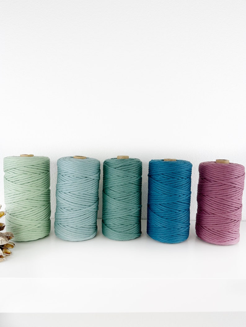 Puede incluir: Cinco carretes de cuerda de algod&oacute;n en varios tonos de azul y verde, con un carrete de cuerda de algod&oacute;n rosa.