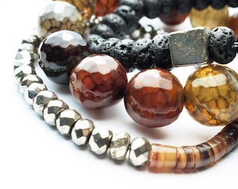 Olive Green Crackle Agate Natural Stone Bracelet Set with Pyrite and Lava Beads . Aromatherapy
