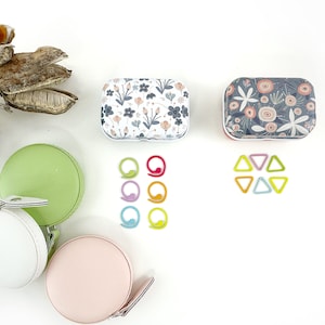Knitting and crochet stitch markers . 30 assorted stitch markers in a collectible tin box, choose either knitting or crochet