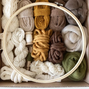 Deluxe Fiber Pack Gift with optional embroidery loop . Multiple fibers and yarns . Creatively curated for smaller weavings . "Woodland"