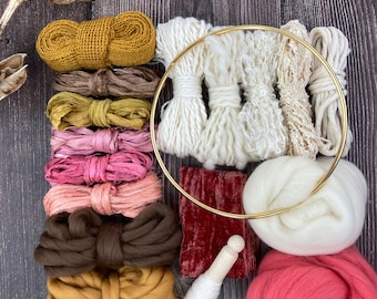 Deluxe Fiber Pack Gift with optional embroidery loop . Multiple fibers and yarns . Creatively curated for smaller weavings . "Rose Hip"