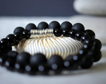 Black Natural Onyx Bracelet Set. Natural Stone Bracelet . Matte and Polished Onyx . Unisex . Silver Heishi Beads