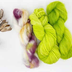 Hand Dyed SW extra fine Merino . DHG Piuma color &quot;Chartreuse&quot; .  Fluffy &quot;Chartreuse&quot; and &quot;Bloom&quot;
