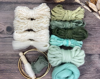 Deluxe Fiber Pack Gift with optional embroidery loop . Multiple fibers and yarns . Creatively curated for smaller weavings . "Low Tide"