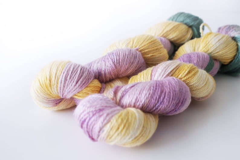 pink Fingering white 230 yards yellow and green Soft Enterprise Hand Dyed Yarn Silk and Merino 50g
