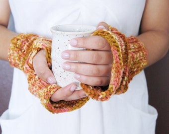 Fingerless Gloves . Hand Knitted . Hand Warmers . Super Chunky Fingerless Mittens . Variegated Brown . Orange . Soft . Ready to ship