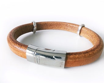 Light Brown. distressed brown Leather Bracelet with Silver Accents and Silver Magnetic Closure . For Him/Her . Ready To Ship