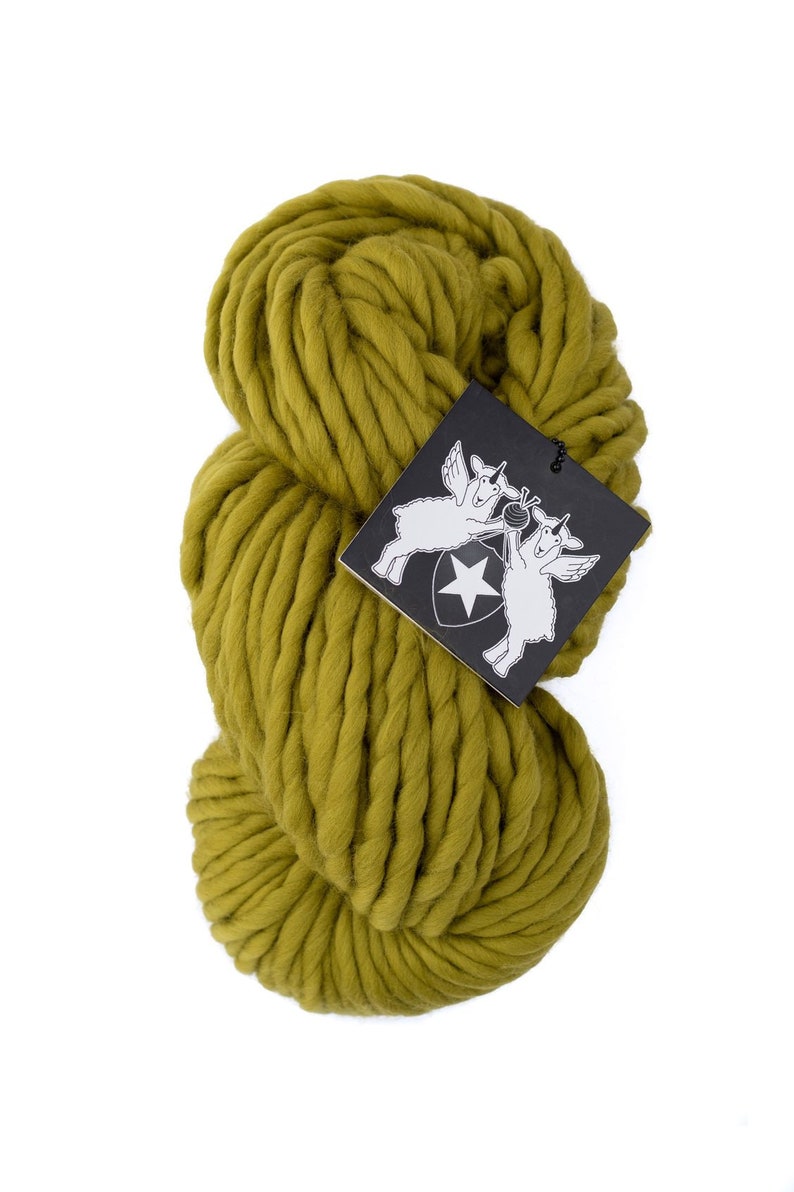 May include: A skein of chunky, olive green yarn. The yarn is made of wool and is perfect for knitting or crocheting.