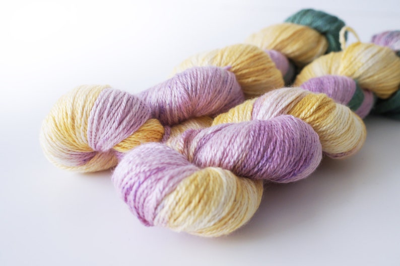 pink Fingering white 230 yards yellow and green Soft Enterprise Hand Dyed Yarn Silk and Merino 50g