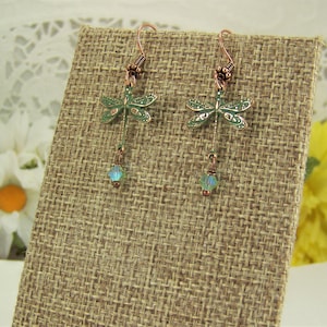 Verdigris Dragonfly Earrings, AB Crystal Dangle Earrings, Dragonfly earrings, Crystal Dragonflies, Damselflies, Copper Verdigris Earrings bild 2