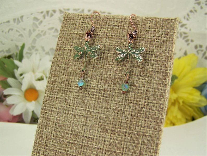 Verdigris Dragonfly Earrings, AB Crystal Dangle Earrings, Dragonfly earrings, Crystal Dragonflies, Damselflies, Copper Verdigris Earrings bild 2