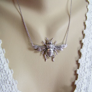Honeybee Necklace, Antique Silver Honeybee, Bee, Woodland Necklace, Bee Necklace, Nature Necklace, Bee in Flight, Wings