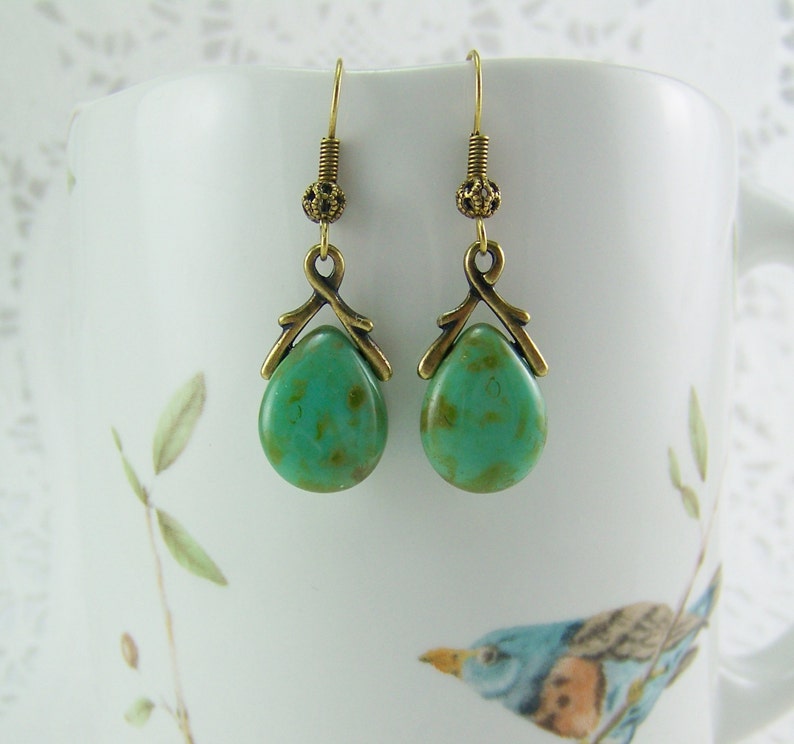 Czech Glass Teardrops Turquoise Green Czech Glass Earrings Turquoise Picasso Glass Picasso Earrings Picasso Glass Turquoise Earrings
