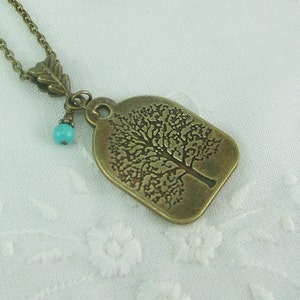 Tree of Life Necklace, Antique Bronze Tree Necklace, Stamped Tree Necklace, Tree Necklace, Turquoise Necklace, Brass Tag necklace, Tree