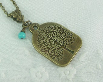 Tree of Life Necklace, Antique Bronze Tree Necklace, Stamped Tree Necklace, Tree Necklace, Turquoise Necklace, Brass Tag necklace, Tree