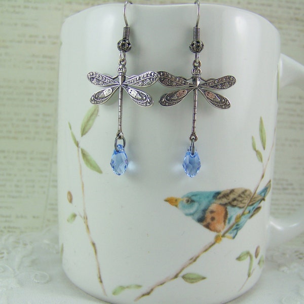 Dragonfly Earrings, Light blue sapphire crystals, Sapphire Earrings, Light Blue Sapphire Earrings, Dragonflies, Silver Damselflies