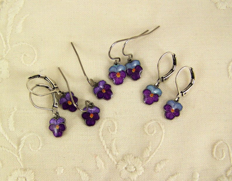 Pansy Earrings, Purple Pansies, Cloisonne Pansy Earrings, Pansy Petal Earrings, Pansy Flower Earrings, Hand Enameled Earrings image 9