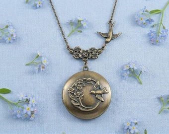 Bird Locket, Silver Swallows, Flower Locket, Keepsake Locket, Bronze Bird Locket, Swallow Locket, Picture Locket, Flower Bouquet Locket