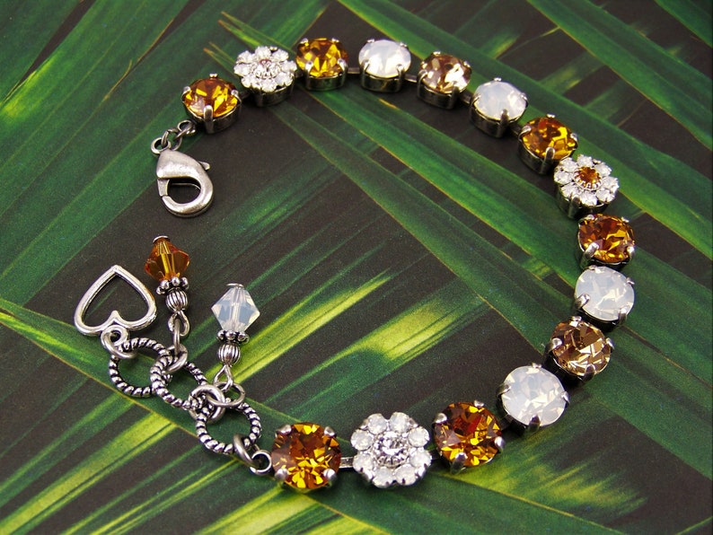 Gold Topaz Bracelet, Daisy Bracelet, Crystal Tennis Bracelet, White Opal Crystal Flowers, Austrian Crystal Bracelet, November Birthstone image 5