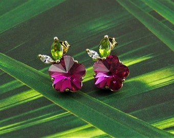 Flower Earrings, Crystal Flower Earrings, Crystal Flower, Deep Pink Flower Earrings, Floral Earrings, Dark Pink Stud Earrings, Flower Studs
