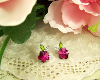 Pendientes de flores rosa intenso, pendientes de flores, pendientes de flores de cristal, flor de cristal, pendientes florales, pendientes de botón rosa oscuro, pendientes de botón de flores