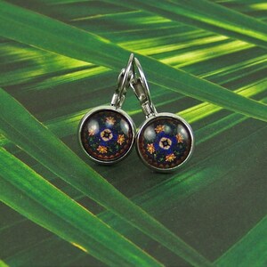 Medallion Earrings, Glass Cabochon Earrings, Geometric Design Earrings, Leverback Earrings, Navy Blue Medallion, Navy Earrings,Flower Design