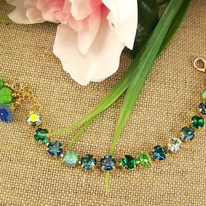 8mm genuine Austrian Crystal Bracelet, Green Blue Crystal Bracelet, Tennis Bracelet, Emerald & Peridot Crystals, May or August Birthstone