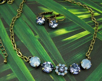 Blue Opal Necklace, Crystal Flower Necklace and Earrings Set, Sapphire Necklace, Cup Chain Necklace, Sapphire Earrings, Blue Sapphire Set
