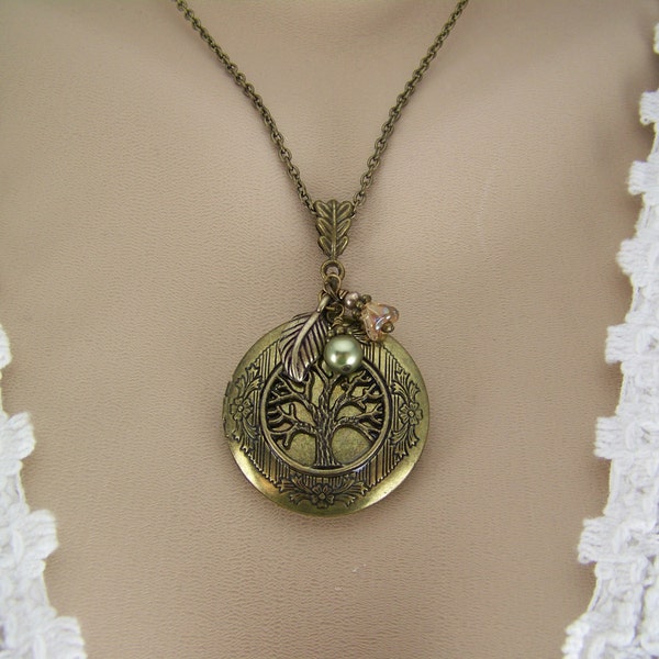 Tree of Life Locket, Olive Crystal Pearl, Bronze Czech Flower, Bronze Tree Locket, Keepsake Locket, Photo Locket, Family Tree Necklace