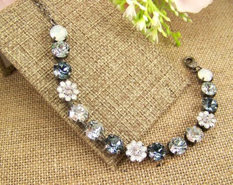 8mm genuine Austrian Crystal Bracelet, Denim Blue Crystal Bracelet, Tennis Bracelet, Flower Bracelet, Denim Bracelet, Crystal Opal Flowers