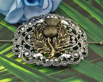 Thistle Pin, Shawl Pin, Scottish Pin, Filigree Cartouche, Sweater Pin, Hair Glide, Boutonniere, Bronze Thistle, Silver Filigree Pin, Thistle