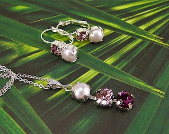 Amethyst crystal necklace earring set, February Birthstone, Amethyst Pearl Jewelry Set, Shades of Amethyst Necklace,  Pink Pearl Earrings