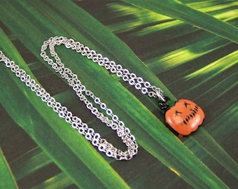 Halloween Necklace, Silver Pumpkin Necklace, Enameled Jack-o-Lantern Necklace, Orange Pumpkin Necklace, Pumpkin Pendant, Pumpkin Necklace