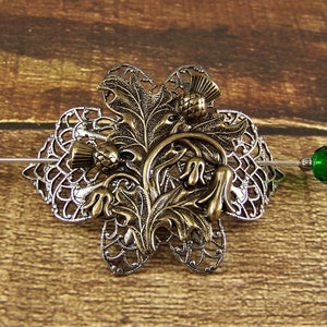 Thistle Pin, Shawl Pin, Scottish Pin, Filigree Cartouche, Sweater Pin, Hair Glide, Boutonniere, Bronze Thistle, Silver Filigree Pin, Thistle