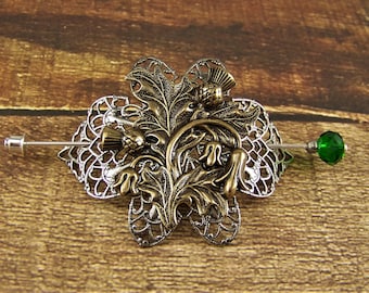 Thistle Pin, Shawl Pin, Scottish Pin, Filigree Cartouche, Sweater Pin, Hair Glide, Boutonniere, Bronze Thistle, Silver Filigree Pin, Thistle