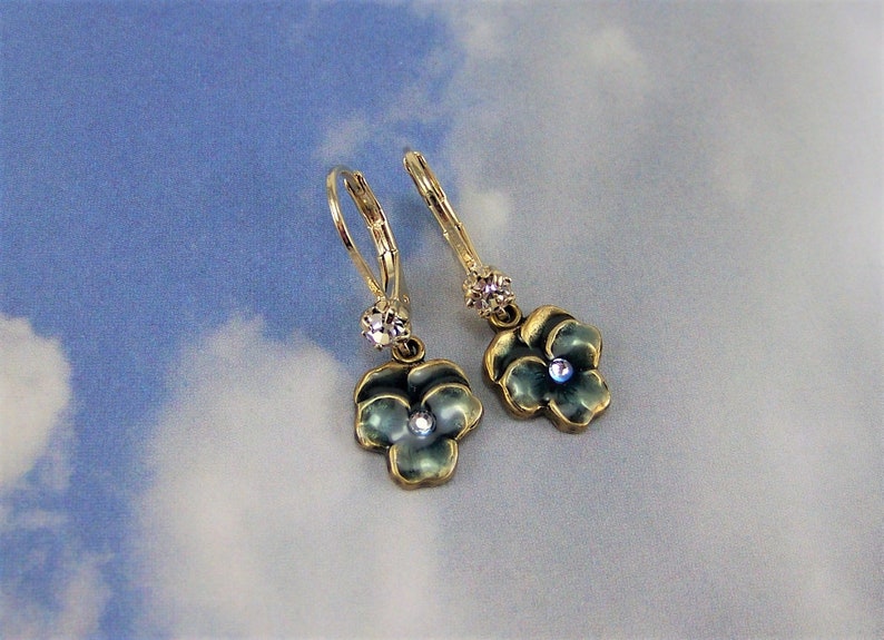 Pansy Earrings Blue Pansies Flower Earrings Enameled Flower Etsy