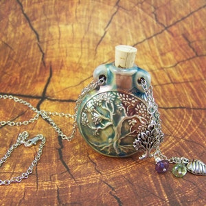 Tree of Life Necklace, Raku Flask, Vessel Necklace, Essence Oil Bottle ...