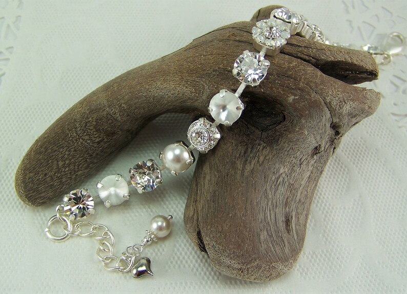 White Crystal Bracelet, White Pearl Bracelet, Crystal Opal, Austrian Crystal Bracelet, White Opal Flower Bridal Jewelry, 8mm Tennis Bracelet zdjęcie 4