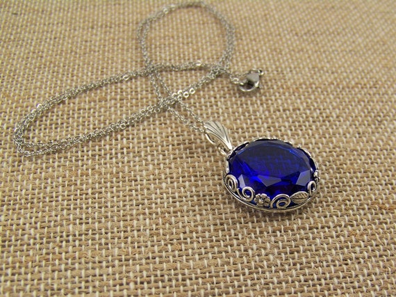 Sapphire Necklace, Dark Blue Faceted Stone, September Birthstone, Cobalt Blue Czech Glass Necklace, Round Sapphire, Deep Blue Sapphire