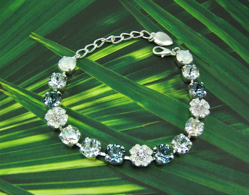 Denim Blue Crystal Bracelet, 8mm Tennis Bracelet, Flower Bracelet, Denim Crystal Bracelet, Crystal Opal Flowers, Austrian Crystal Bracelet image 1