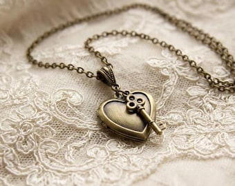 Heart Locket, Key to My Heart Locket, Key Charm, Sweetheart Locket, Bronze Locket, Love Locket, Photo Locket, Wish Locket, Memory Locket