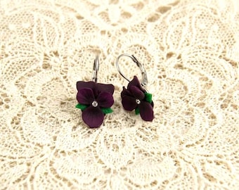 Violet Flower Earrings, Dark Purple Violet Earrings, Pansy Earrings, Violet Earrings, Purple Violet Flowers, Silver Violet Pierced Earrings